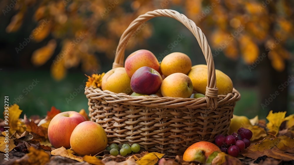 A beautifully arranged autumn basket bursting with a colorful array of juicy fruits.Copy space A beautifully arranged autumn basket bursting with a colorful array of juicy fruits.Copy space