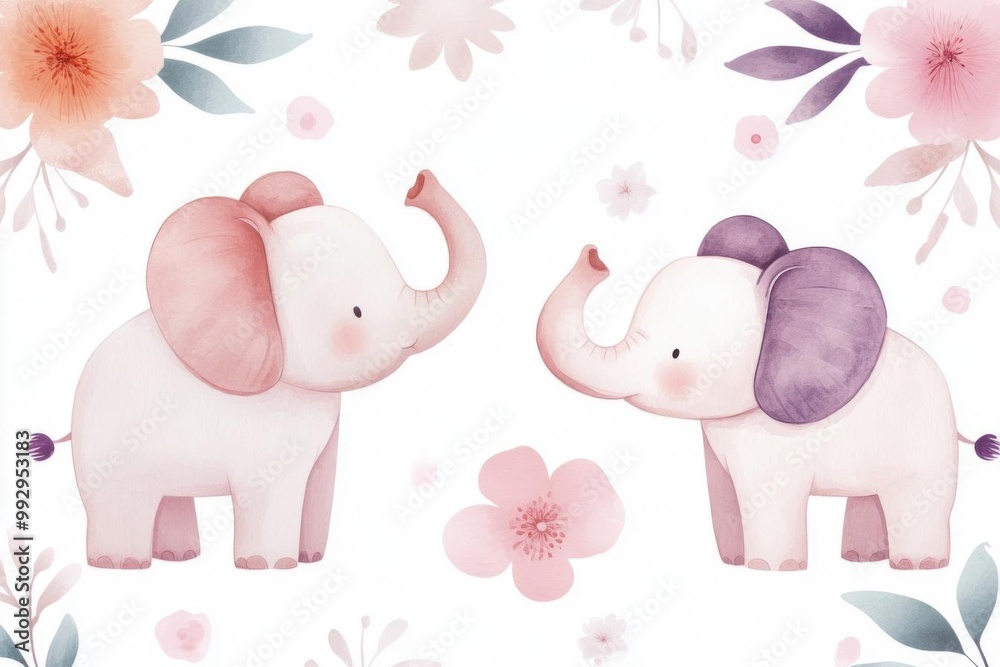 Cute watercolor elephants surrounded by soft flowers, perfect for children's designs and nursery decor.