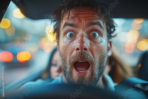 Car Accident Scene: Shocked Driver and Woman in Backseat Reacting to Sudden Event – Close-Up of Surprised Expressions in Car Interior

