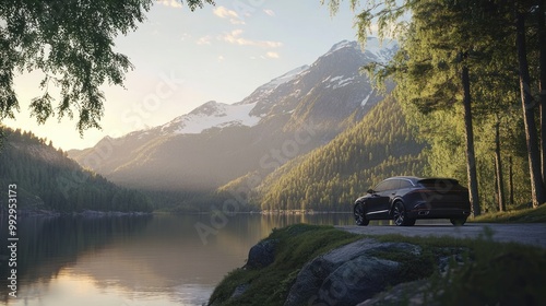 A serene landscape featuring a car by a tranquil lake surrounded by mountains and trees.