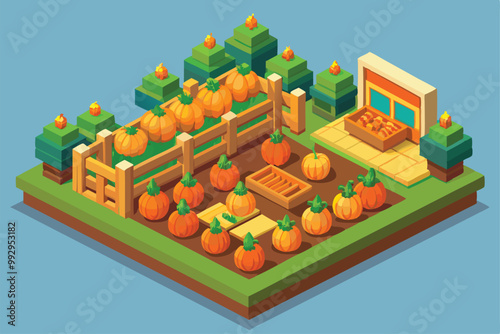 This illustration showcases a vibrant pumpkin patch with various pumpkins surrounded by trees and fences, Customizable pumpkin patch illustration in isometric style.