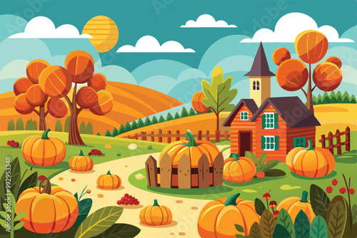Explore a colorful pumpkin patch surrounded by autumn trees, a farmhouse, and rolling hills on a sunny day, Customizable pumpkin patch illustration