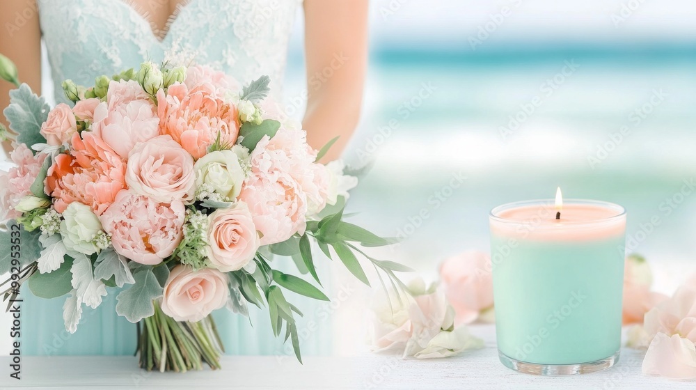 Coastal beach wedding scene with a bride holding a pastel bouquet, featuring a mint and coral color palette Coastal beach wedding scene with a bride holding a pastel bouquet, featuring a mint and coral color palette