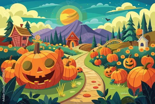 Explore a lively pumpkin patch filled with carved pumpkins, charming houses, and autumn foliage in a cheerful landscape, Customizable pumpkin patch illustration