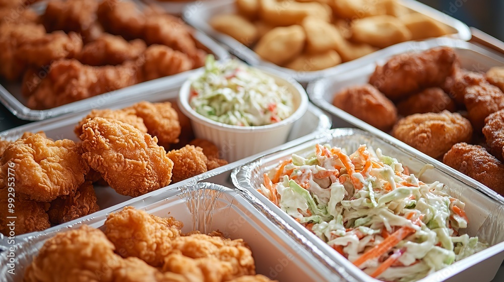An assorted of fast food in takeout containners includes chicken, nuggets etc An assorted of fast food in takeout containners includes chicken, nuggets etc