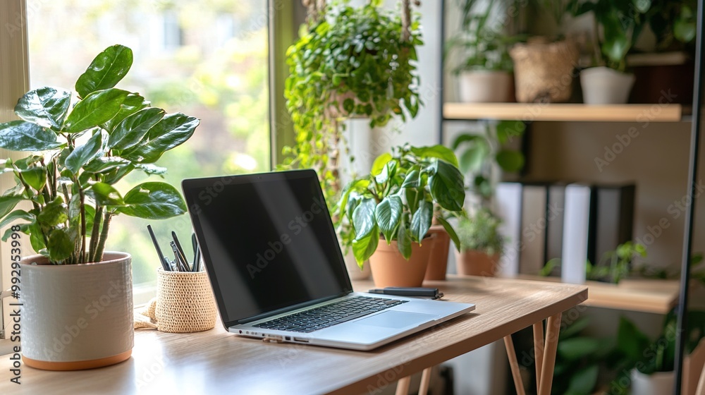 Fototapeta premium A serene workspace featuring a laptop surrounded by lush indoor plants, promoting a blend of productivity and natural beauty.