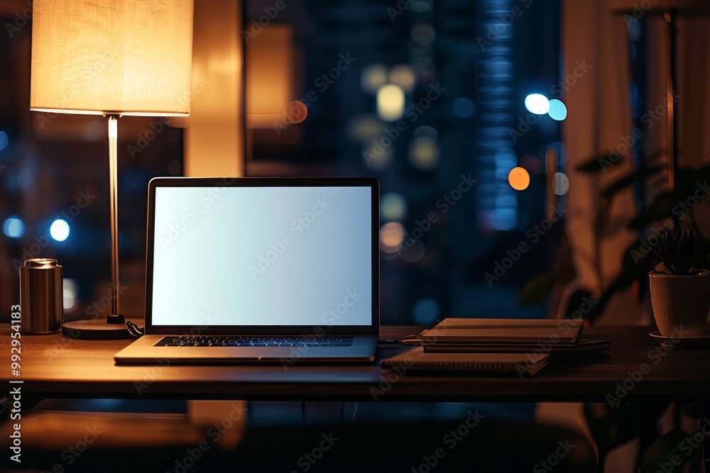 Workspace at night with laptop mockup. AI generative Workspace at night with laptop mockup. AI generative