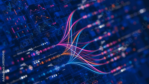 Big data technology Data science analysing artificial intelligence generative AI deep learning machine learning algorithm Neural flow network analytics innovation abstract futuristic. 3d rendering..