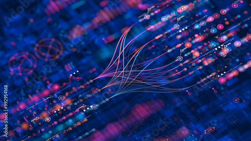 Obraz na płótnie Big data technology Data science analysing artificial intelligence generative AI deep learning machine learning algorithm Neural flow network analytics innovation abstract futuristic. 3d rendering..