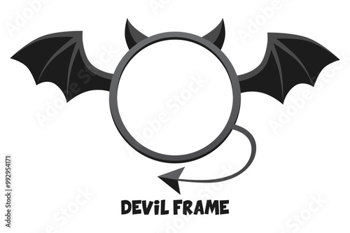 Cartoon black devil frame. Round cute demon frame or avatar for your designs. Evil symbol for Creative Halloween greeting card or banner photo