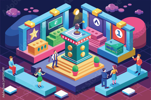 A vibrant, customizable quiz show setting with colorful interactive elements and enthusiastic audience members, Customizable quiz show illustration in isometric style.