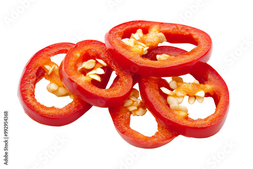 Close-up of red bell pepper slices isolated on white background, vibrant color and fresh texture for culinary uses and healthy recipes. photo