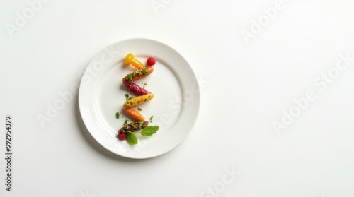 Healthy food arranged in DNA helix shape on plate, personalized nutrition, nutrigenomics, biohacking, innovative health trends, minimalistic food presentation