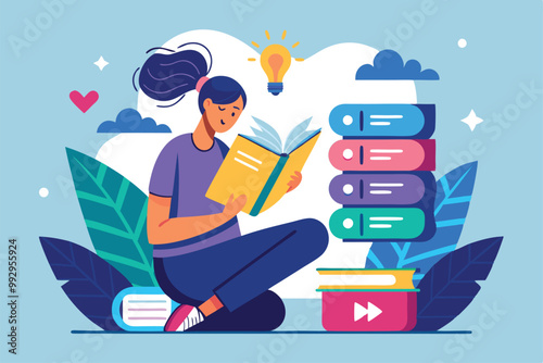 A young girl sits on the floor enjoying a book while colorful stacks of books and plants surround her, Customizable reading list with disproportionate illustration.