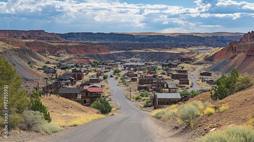 A scenic view of an old mining town surrounded by canyons and mountains.