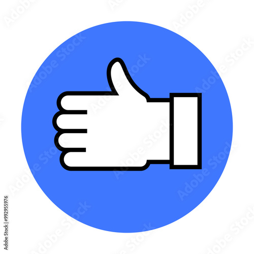 A white hand giving a thumbs-up gesture outlined in black. The hand is centered within a solid blue circle. Ideal for positive feedback, approval, encouragement, social media, and communication. Flat