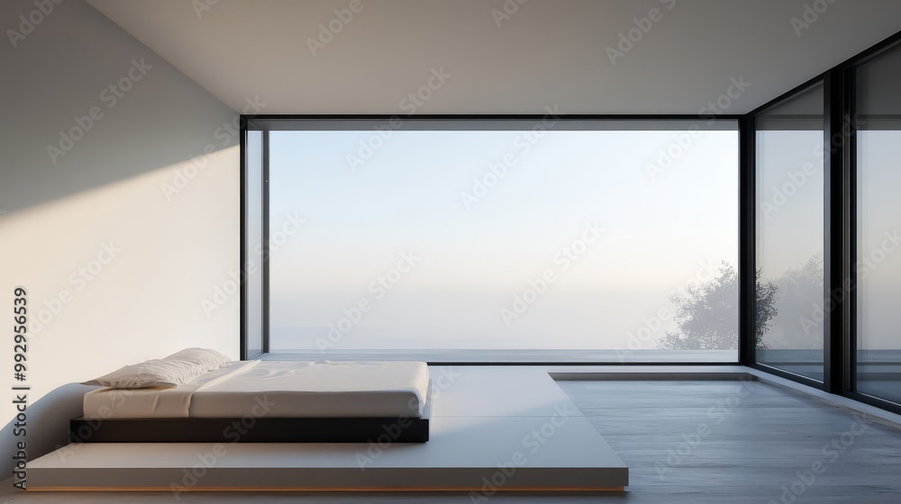 Fototapeta premium Modern minimalist bedroom with large windows offering an expansive view. Clean lines and sleek design create a serene and spacious atmosphere.