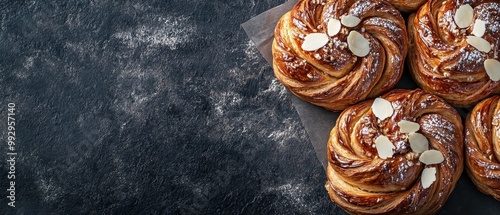 Stone table with dark grey marble background, top view of swirling braided loaves of swedish sweet coffee buns covered in delicious glaze, food photography, aerial shot photo