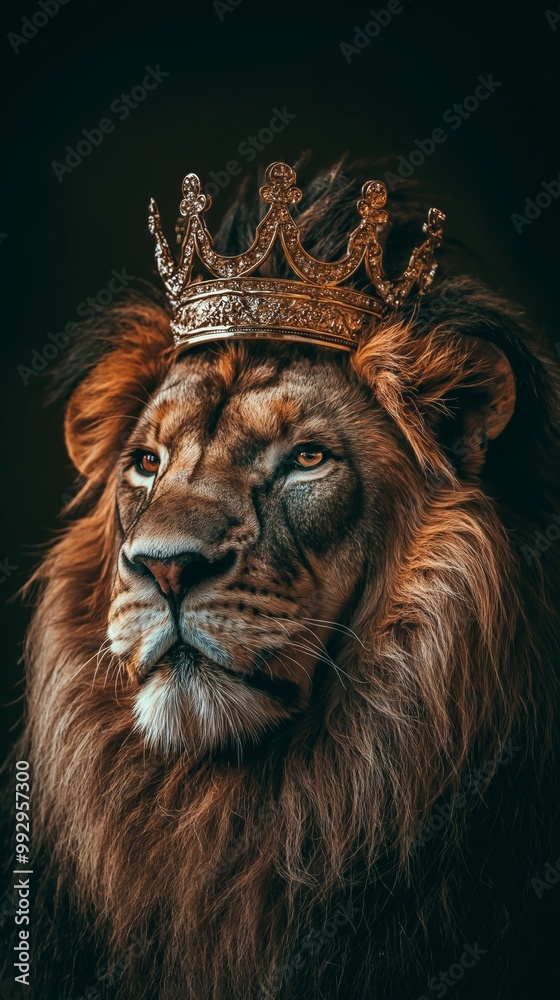 Fototapeta premium Portrait of a lion wearing a crown in dark setting