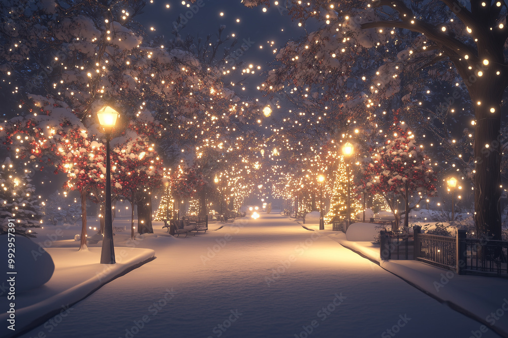 Snow-covered park with Christmas lights and trees. illustration. Snow-covered park with Christmas lights and trees. illustration.