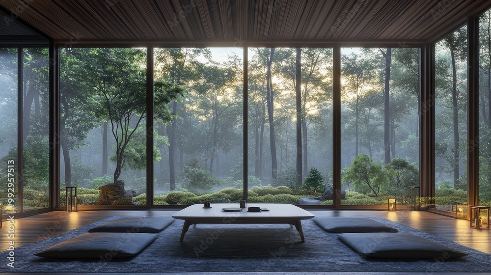 Fototapeta premium Modern minimalist living room with large windows offering a serene forest view, featuring low seating and a coffee table.