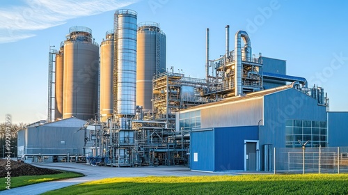 Industrial facility with silos and machinery, showcasing manufacturing processes.
