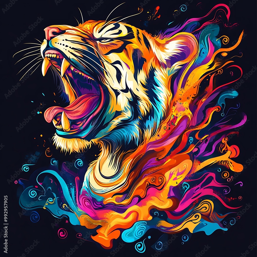 Fototapeta A vibrant, abstract depiction of a tiger's head with a powerful roar, set against a dark background.