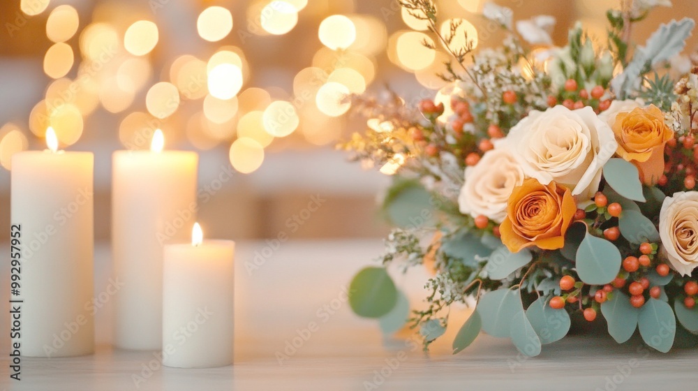 Warm wedding table setting with glowing candles, soft lighting, and a floral centerpiece featuring pastel roses Warm wedding table setting with glowing candles, soft lighting, and a floral centerpiece featuring pastel roses