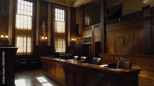 A wooden courtroom interior with benches and a judge's bench, emphasizing legal proceedings.