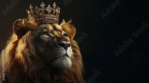 Portrait of a lion wearing a crown in dark setting with copy space