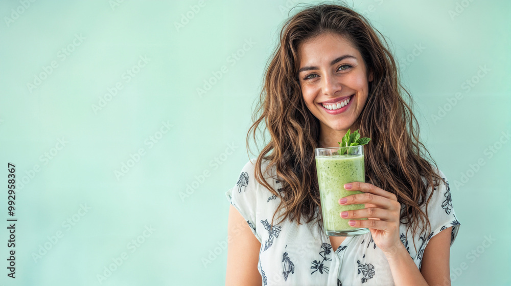 Smiling woman holding a healthy green smoothie with fresh mint in a glass, enjoying a refreshing, nutritious drink against a pastel green background Smiling woman holding a healthy green smoothie with fresh mint in a glass, enjoying a refreshing, nutritious drink against a pastel green background
