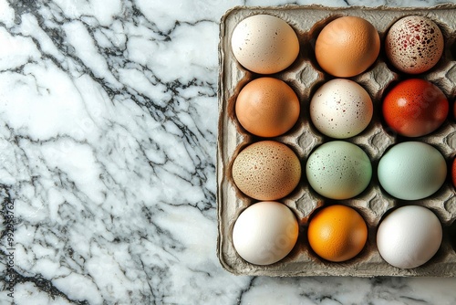 A Dozen Colorful Eggs in a Cardboard Carton on a Marble Surface photo