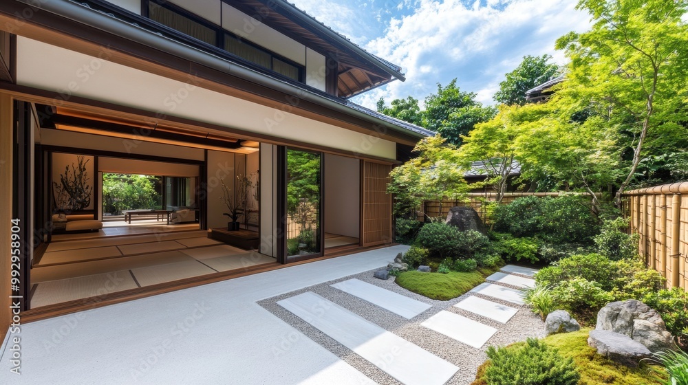 A serene traditional Japanese house featuring a garden, sliding doors, and a peaceful pathway under a clear blue sky. A serene traditional Japanese house featuring a garden, sliding doors, and a peaceful pathway under a clear blue sky.