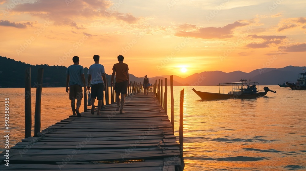 Fototapeta premium Tourists bask in the sunset's glow as they stroll along a wooden pier in Samaesan, Thailand. The group consists of two European men and an Asian woman, all enjoying the tranquility of the moment. 