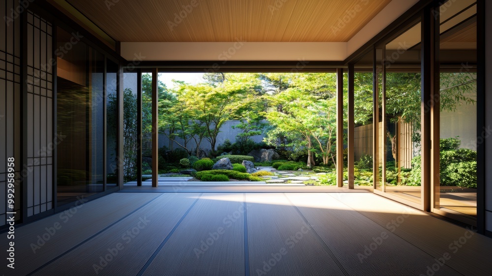 A serene interior view showcasing a Japanese-style room with shoji doors opening to a lush garden landscape. A serene interior view showcasing a Japanese-style room with shoji doors opening to a lush garden landscape.