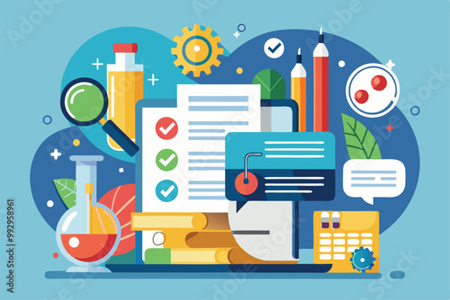 A vibrant illustration showcases research elements like papers, test tubes, and calculators in a scholarly setting, Customizable research paper illustration.
