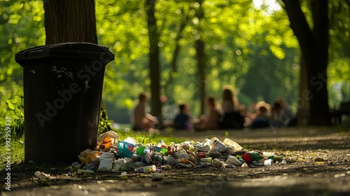 Overflowing trash can with litter on ground in a park. People sitting in background enjoying nature. Environmental pollution issue. photo