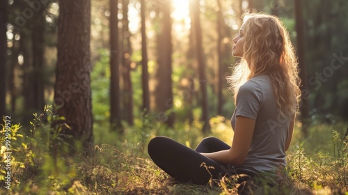 Peaceful woman meditating in serene forest at sunrise, embodying connection with nature, tranquility, and mindful relaxation.