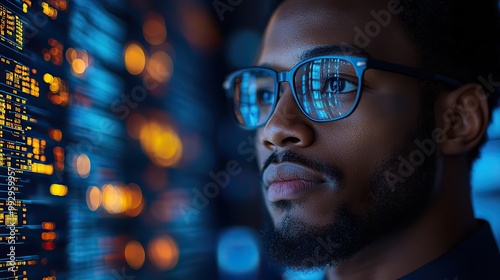 An African American male system administrator secures data in a cloud computing environment, emphasizing the importance of cybersecurity.