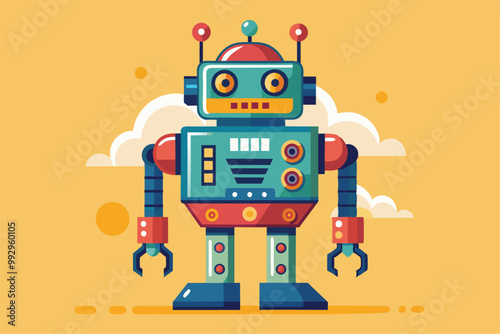 A colorful customizable robot stands cheerfully against a cheerful yellow background with clouds, Customizable robot illustration.