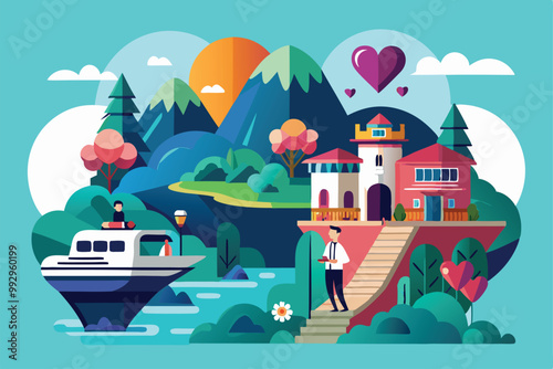 A picturesque lakeside setting features a cozy cottage, a boat, and a couple enjoying a romantic moment outdoors, Customizable romantic getaway illustration is disproportionate.