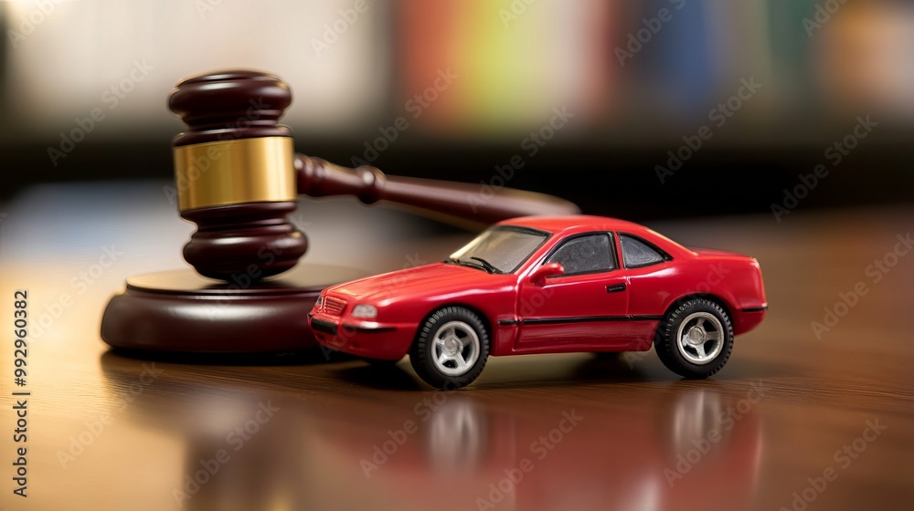 Toy car and gavel on a table symbolize traffic laws and legal consequences of driving violations. This visual representation highlights the importance of responsible driving Toy car and gavel on a table symbolize traffic laws and legal consequences of driving violations. This visual representation highlights the importance of responsible driving