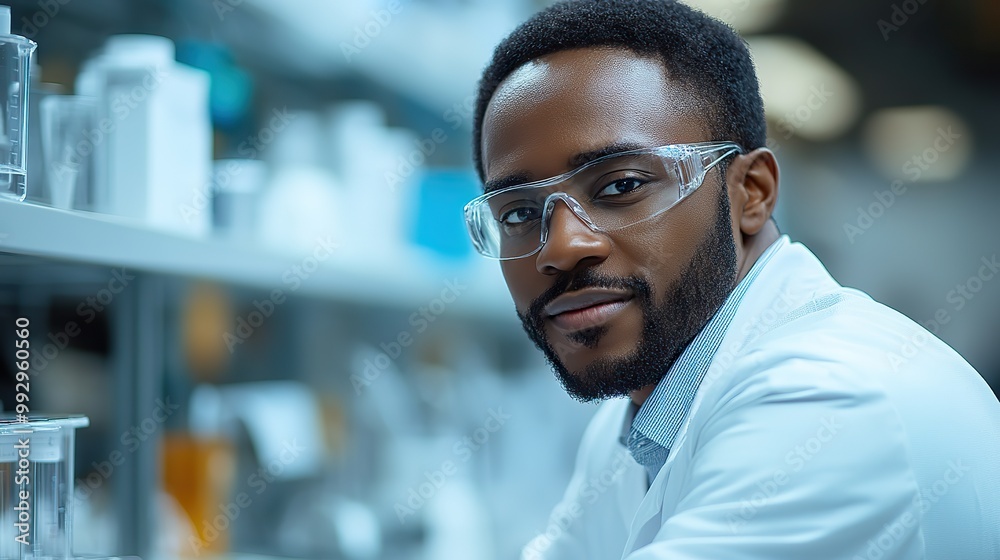 Obraz premium An African American scientist in a modern lab, focusing on the research and development of microelectronics and processors.