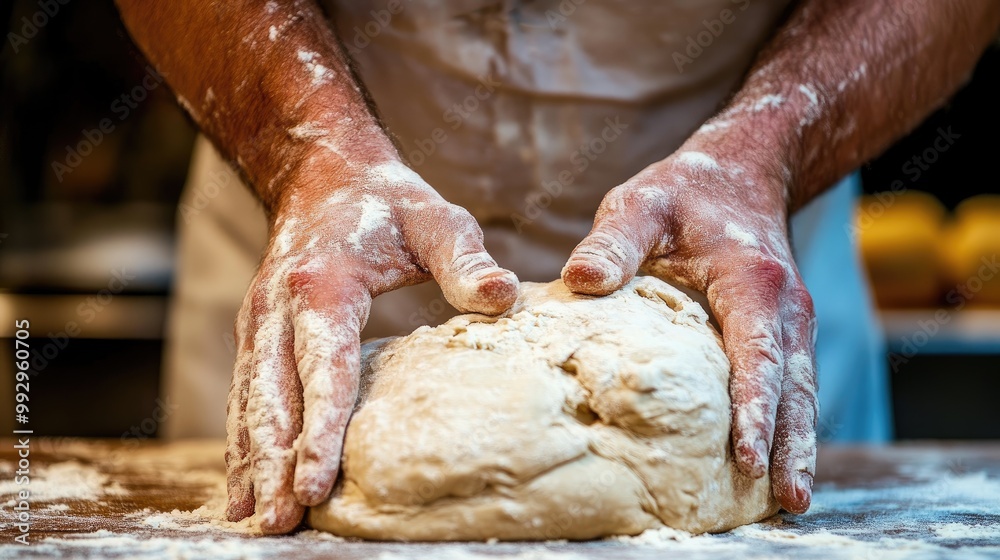 Hands kneading dough, covered in flour. Perfect for baking, food, and cooking themes. Hands kneading dough, covered in flour. Perfect for baking, food, and cooking themes.