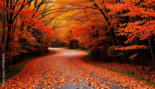 A winding country road, completely blanketed by fallen autumn leaves in vivid hues of orange, red, and yellow, snakes through a dense forest. photo