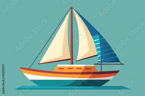A customizable sailboat with colorful sails navigates serene waters under a clear sky, Customizable sailboat illustration with semi-flat design.