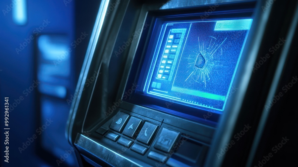 A close-up of a damaged ATM screen with a cracked display and keypad. A close-up of a damaged ATM screen with a cracked display and keypad.