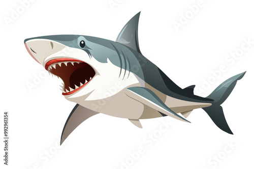 Great white shark ripping with opened mouth vector image, isolated on white bckground
 photo