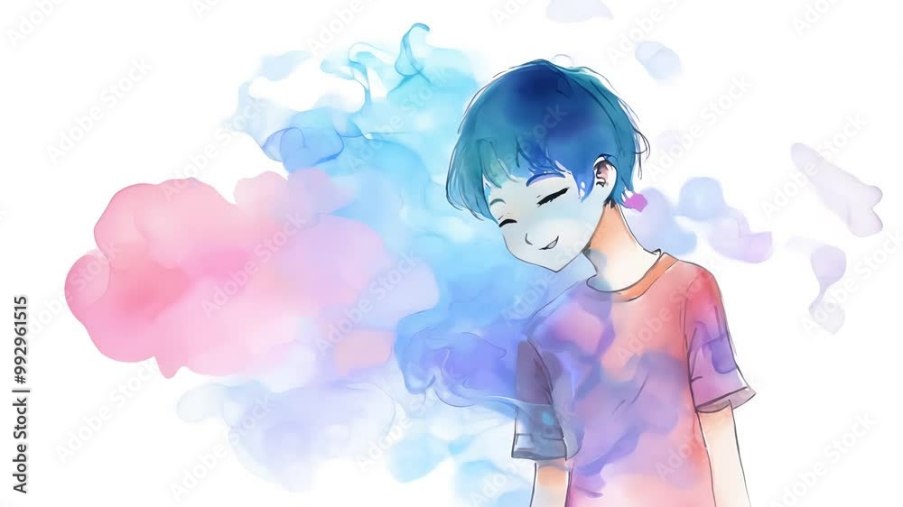 A cheerful animated young boy stands happily, featuring bright blue hair and a colorful shirt, creating a lively atmosphere of joy and positivity A cheerful animated young boy stands happily, featuring bright blue hair and a colorful shirt, creating a lively atmosphere of joy and positivity