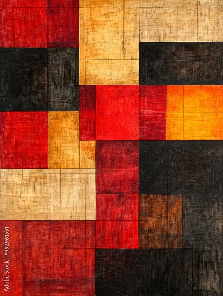 Abstract Geometric Pattern of Red, Yellow, and Black Wood Panels Abstract Geometric Pattern of Red, Yellow, and Black Wood Panels